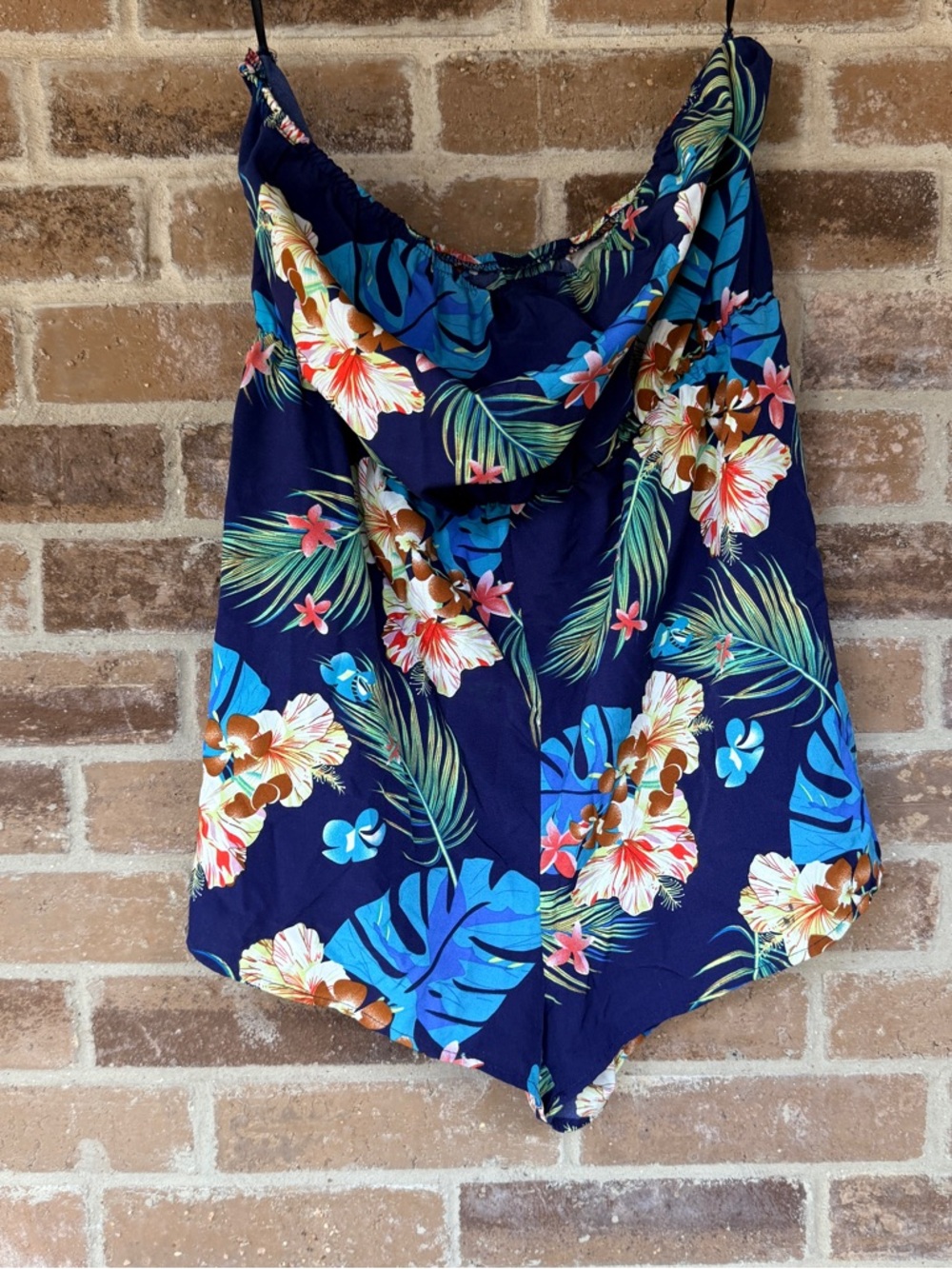 SHEIN Navy Tropical Floral Cowl-Neck Romper
